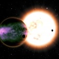 Image right: This artist's conception shows a "hot Jupiter" and its two hypothetical moons and a sunlike star in the background. (David A. Aguilar image).