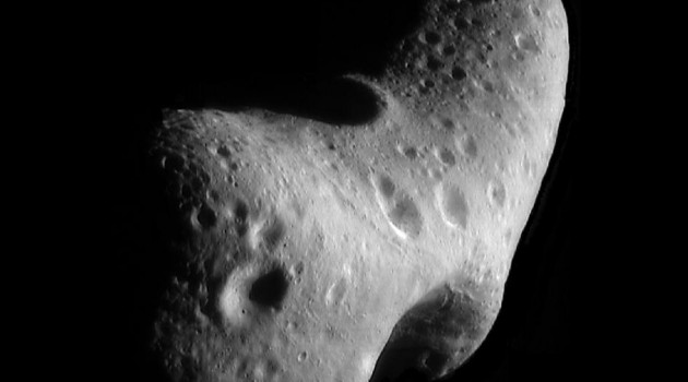 This image, taken by NASA's Near Earth Asteroid Rendezvous mission in 2000, shows a close-up view of Eros, an asteroid with an orbit that takes it somewhat close to Earth. A new paper argues that the major cause of fragmentation for small asteroids, around one hundred meters in size, is not collisions with other asteroids but rapid rotation induced by radiation.
NASA/JHUAPL