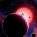 The extrasolar planet GJ 1214b, shown here in an artist’s conception with two hypothetical moons, orbits a red dwarf star 40 light-years from Earth.  Harvard-Smithsonian Center for Astrophysics
