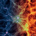 This composite image from the Illustris simulation is centered on the most massive galaxy cluster existing today. It morphs from concentrations of dark matter (at left in blue and purple) to normal matter made mostly of hydrogen and helium gas (at right in red, orange and yellow). (Illustris Collaboration)