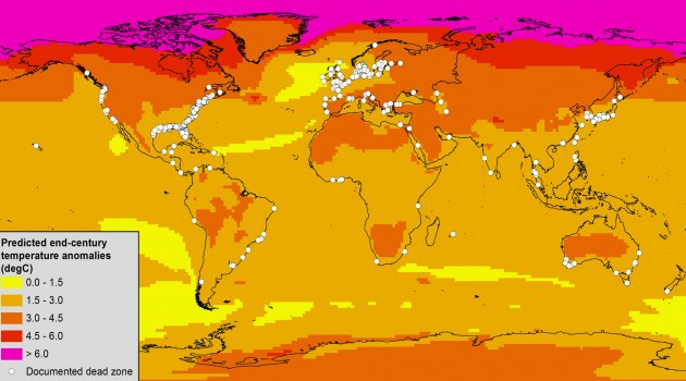Map of known dead zones (white dots) and predicted changes in annual air temperature for 2080-2099 versus 1980-1999. The air temperature predictions are based on a “middle-of-the-road” scenario of fossil fuel use. (Credit: Keryn Gedan and Andrew Altieri)