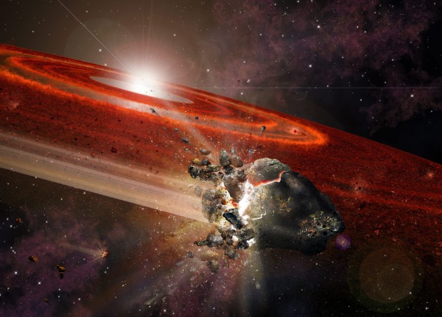 An artist's impression of the debris disk around HD 107146. This adolescent star system shows signs that in its outer reaches, swarms of Pluto-size objects are jostling nearby smaller objects, causing them to collide and "kick up" considerable dust. (Graphic by A. Angelich, NRAO/AUI/NSF)