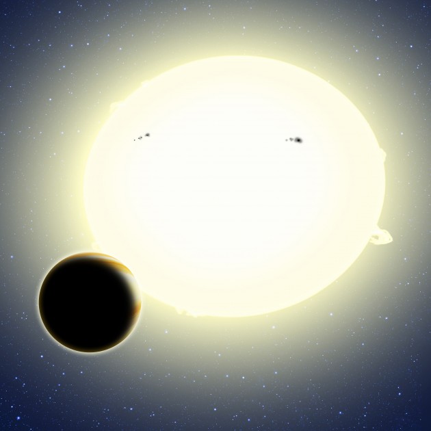 This artist's conception portrays the first planet discovered by the Kepler spacecraft during its K2 mission. A transit of the planet was teased out of K2's noisier data using ingenious computer algorithms developed by a CfA researcher. The newfound planet, HIP 116454b, has a diameter of 20,000 miles (two and a half times the size of Earth) and weighs 12 times as much. It orbits its star once every 9.1 days. (Image by David A. Aguilar)